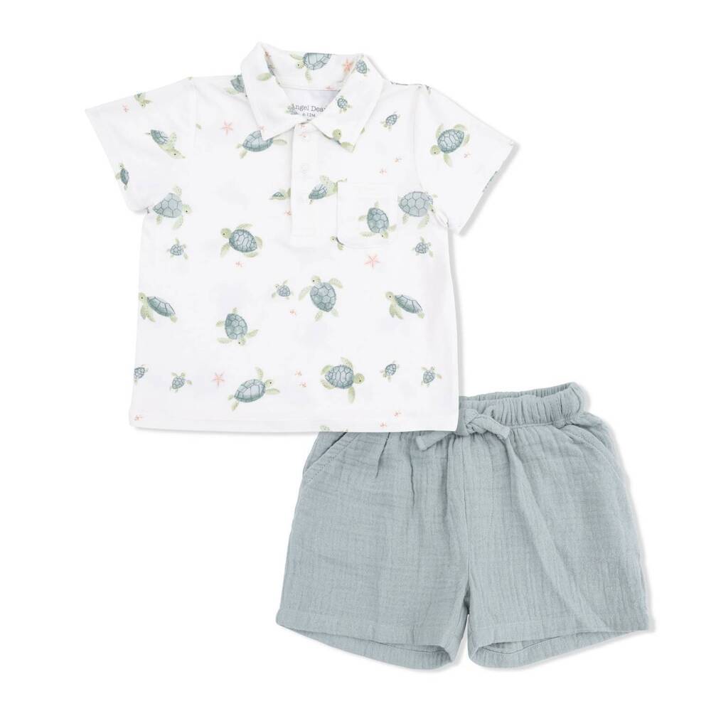 NEW ANGEL DEAR kids' sea turtles short set in white/ sage
